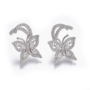 Brass Studs Earrings, with Micro Pave Cubic Zirconia, Butterfly, Clear, Platinum, 23x17x3mm, Pin: 0.8m