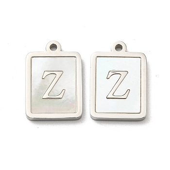 304 Stainless Steel Pave Shell Pendants, Rectangle Charms with Letter Z, Stainless Steel Color, 18x12x2mm, Hole: 1.4mm