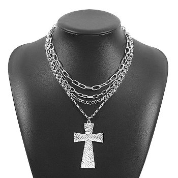 Alloy Multi Layered Necklaces for Women, Cross Pendant Necklaces, Platinum, 17.32 inch(44cm)