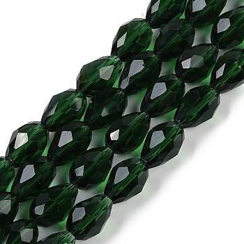 Transparent Glass Beads Strands, Faceted, Teardrop, Dark Green, 5~6x4mm, Hole: 0.9mm, about 65~67pcs/strand, 15.35~16.14 inch(39~41cm)