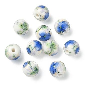 Handmade Printed Porcelain Round Beads, with Flower Pattern, Royal Blue, 10mm, Hole: 2mm