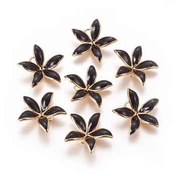 Brass Enamel Peg Bails Pendants, For Half Drilled Beads, Nickel Free, Flower, Real 18K Gold Plated, Black, 23x24x6mm, Hole: 2mm, Pin: 1mm