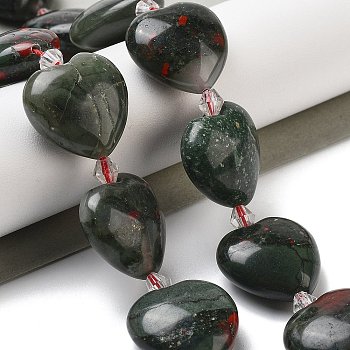 Natural African Bloodstone Beads Strands, Heart, with Seed Beads, 19~19.5x20x10mm, Hole: 1.5mm, about 17pcs/strand, 15.75 inch(40cm)