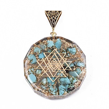 Transparent Epoxy Resin Alchemy Pendants, with Natural Turquoise Chip, Gold Foil, Flat Round with Star, Turquoise, 39.5x35.5x10.5~11.5mm, Hole: 5x9mm