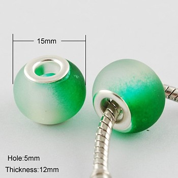 Two Tone Large Hole Rondelle Rubberized Glass European Beads, with Silver Color Plated Brass Double Cores, Green, 15x12mm, Hole: 5mm