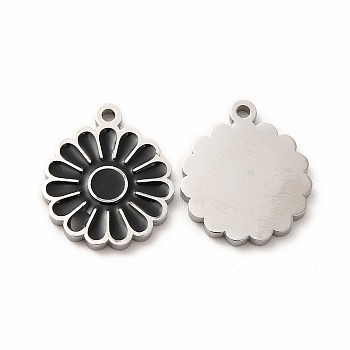 304 Stainless Steel Enamel Charms, Daisy, Black, 14x12x1mm, Hole: 1.2mm