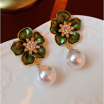 Alloy & Rhinestone & Plastic Pearl Stud Dangle Earrings, Flower, Golden, Green, 38mm