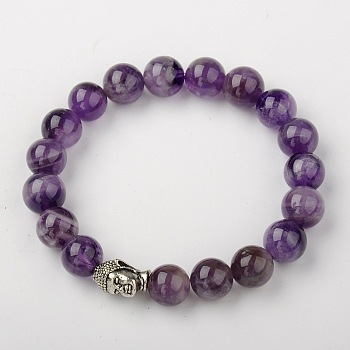 Natural Amethyst Stretch Bracelets, Buddhist Bracelets, with Tibetan Style Alloy Buddha Head Beads, Antique Silver, 2-1/8 inch(53mm)