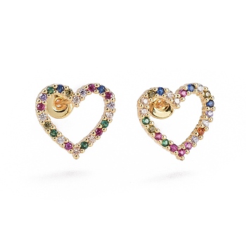 Brass Micro Pave Cubic Zirconia Stud Earrings, Heart, Golden, Colorful, 11x11.5x2mm, Pin: 0.7mm