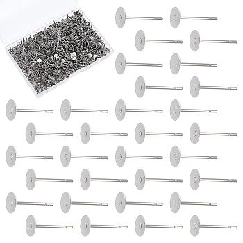 1000Pcs Tarnish Resistant 304 Stainless Steel Stud Earring Settings, Flat Pad Earring Post, Flat Round, Stainless Steel Color, 12x5mm, Pin: 0.6mm