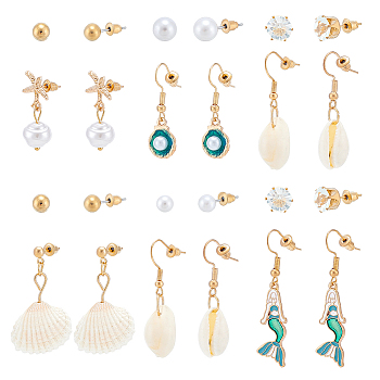 2 Sets 2 Styles Alloy Earring Sets, with Clear Cubic Zirconia, Natural Shell and Pearls, Mixed Shapes, Golden, 6~46x6~23mm, 6 pairs/set, 1 set/style