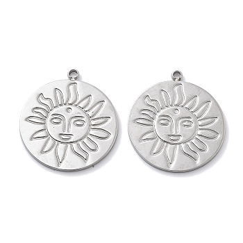 Anti-Tarnish 304 Stainless Steel Pendants, Flat Round with Sun Charm, Stainless Steel Color, 22.5x20x1mm, Hole: 1.5mm