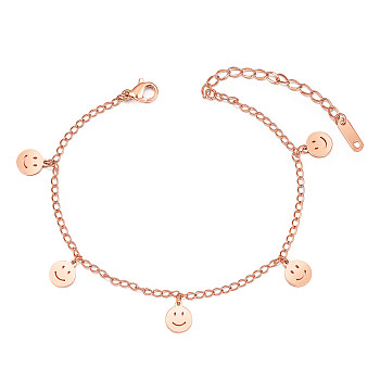 SHEGRACE Titanium Steel Charm Anklets, with Curb Chains and Lobster Claw Clasps, Smiling face, Rose Gold, 7-7/8 inch(20cm)
