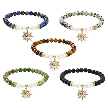 6mm Round Gemstone & Shell Pearl Beaded Stretch Bracelet Sets, Sun Brass Charm Stackable Bracelets, Inner Diameter: 2-3/8 inch(6.1cm)