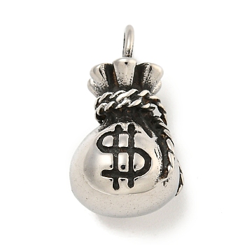 316 Surgical Stainless Steel Pendants, Money Bag Charm, Antique Silver, 23.5x13.5x12.5mm, Hole: 3.5mm