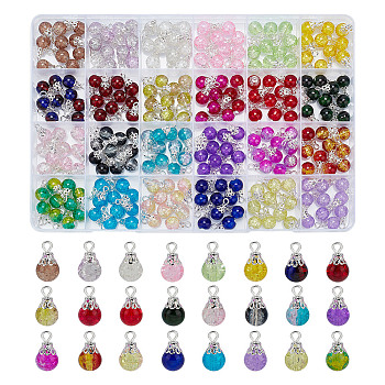 240Pcs 24 Colors Spray Painted Crackle Glass Round Charms, with Iron Bead Caps and Loops, Mixed Color, 15x8mm, Hole: 2mm, 10Pcs/color