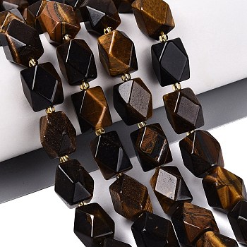 Natural Tiger Eye Beads Strands, Faceted Diamond Cut Beads, Rhombus, with Seed Beads, 13~15x11.5~13.5x11.5~13.5mm, Hole: 1~1.2mm, about 24~25pcs/strand, 14.96~16.14 inch(38~41cm)