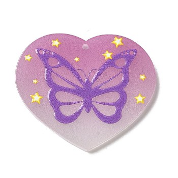 Valentine's Day Printed Heart Theme Acrylic Pendants, Butterfly, 32x37.5x2.5mm, Hole: 1.6mm