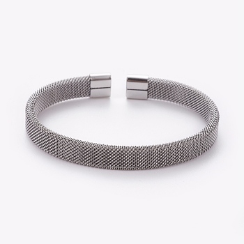 304 Stainless Steel Mesh Bangles, Cuff Bangles, Stainless Steel Color, 60x46mm