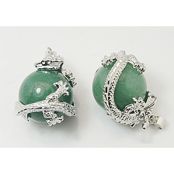 Natural Green Aventurine Pendants, with Brass Findings, Dragon with Round, 27x22mm, Hole: 5mm