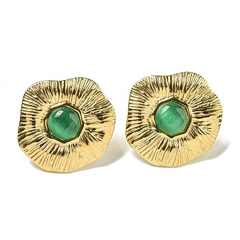 Ion Plating(IP) 304 Stainless Steel Stud Earrings, with Cat Eye, Golden, Nuggets, Green, 25x25.4mm