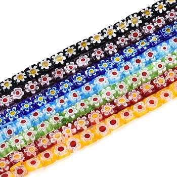 Handmade Millefiori Lampwork Beads Strands, Square, Mixed Color, 6x6x2.5~3mm, Hole: 1mm, about 65pcs/strand, 14.96''(38cm)
