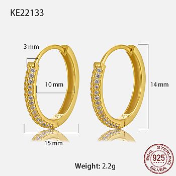 925 Sterling Silver Micro Pave Cubic Zirconia Hoop Earrings, with S925 Stamp, Real 18K Gold Plated, 15x3mm