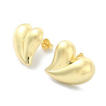 Rack Plating Brass Heart Stud Earrings for Valentine's Day, Lead Free & Cadmium Free, Real 18K Gold Plated, 19x18.5mm