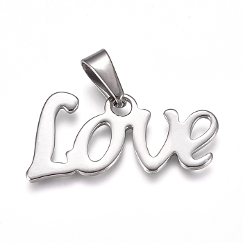 304 Stainless Steel Pendants, Word Love, Stainless Steel Color, 16x34.5x1.5mm, Hole: 10x4.5mm