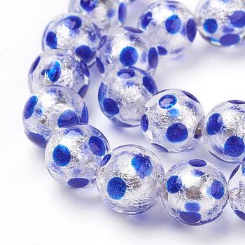 Handmade Silver Foil Lampwork Beads Strands, Round, Polka Dot Pattern, Blue, 12mm, Hole: 1mm, 25pcs/strand, 11.2 inch