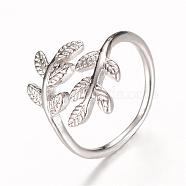 Brass Cuff Finger Rings, Leaf, Platinum, US Size 4 1/4(15mm)(RJEW-T001-50P)