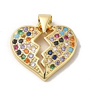 Rack Plating Brass Micro Pave Colorful Cubic Zirconia Pendants, Long-Lasting Plated, Lead Free & Cadmium Free, Broken Heart Charms, Real 18K Gold Plated, 16.3x17.5x3mm, Hole: 3.7x3.4mm(KK-K377-28G)
