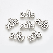 Tibetan Style Alloy Charms, Birth Year 2019, Lead Free & Cadmium Free, Antique Silver, 9.5x13.5x1.5mm, Hole: 1.5mm(X-TIBE-T010-29AS-RS)