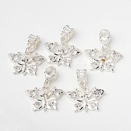 Brass Rhinestone European Dangle Charms, Butterfly, with Alloy Findings, Silver Color Plated, Clear, 29mm, Hole: 4.5mm(X-PALLOY-D342-05)