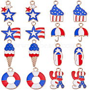 64Pcs 8 Style Independence Day Alloy Enamel Pendants, Light Gold, Mixed Shapes, Mixed Color, 15.5~22.5x8~15.5x1.5mm, Hole: 2mm, 8pcs/style(ENAM-SC0004-24)