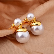 Round Brass Dangle Stud Earrings, with Plastic Imitation Pearl, Real 22K Gold Plated, 25x14mm(EJEW-Q391-25G)