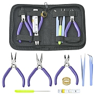 Jewelry Tools Sets, including Plastic Handle Steel Pliers, 401 Stainless Steel Tweezers, Iron Bead Needles, Brass Rings, PVC Soft Tape Measures, Plastic Cable Ties, Imitation Leather Storage Bags, Medium Purple(TOOL-YW0001-21B)