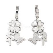 Clover & Texture Butterfly 304 Stainless Steel Shell Dangle Earrings, Rhinestone Hoop Earrings for Women, Stainless Steel Color, 46x20.5mm(EJEW-L283-075P)