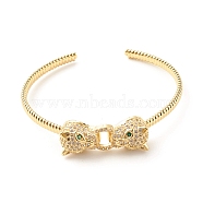 Green Cubic Zirconia Double Leopard Open Cuff Bangle, Brass Jewelry for Women, Golden, Inner Diameter: 1-7/8x2-1/4 inch(4.7x5.65cm)(BJEW-SZ0002-40)