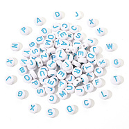 Opaque White Acrylic Beads, with Enamel, Horizontal Hole, Flat Round with Initial Letter, Dark Turquoise, 9.5x4.5mm, Hole: 2mm, 100pcs/set(SACR-YW0001-23D)
