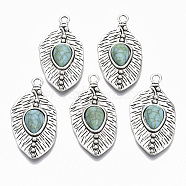 Tibetan Style Alloy Pendants, with Synthetic Turquoise, Cadmium Free & Lead Free, Leaf, Antique Silver, 47.5x24x7mm, Hole: 3mm(PALLOY-R113-011-RS)