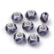 Pearlized Glass European Beads, Large Hole Beads, with Silver Color Plated Brass Double Cors, Faceted, Rondelle, DarkSlate Blue, 14x9mm, Hole: 5mm(GDA002-A05)