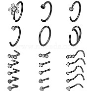 21Pcs 21 Style Clear Cubic Zirconia Flower & Flat Round & Heart Nose Studs & Rings Set, 304 Stainless Steel Nose Hoop & Fishtail & L-shape Nose Rings, Piercing Jewelry for Women, Electrophoresis Black, 9~9.5x5.5~9.5mm, Pin: 0.8mm, 1Pc/style(JX527D)