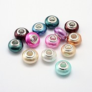 Shell Pearl Large Hole Rondelle European Beads, with Double Silver Color Plated Brass Cores, Mixed Color, 14x9mm, Hole: 4.5mm(OPDL-L001-01)