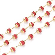 Handmade Glass Beaded Chains, with Brass Findings, Long-Lasting Plated, Rondelle, Faceted, Soldered, Golden, Red, 4mm, about 32.8 Feet(10m)/roll(KK-I647-13B)