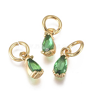 Brass Micro Pave Cubic Zirconia Charms, with Jump Ring, Long-Lasting Plated, Real 18K Gold Plated, Faceted, Teardrop, Green, 8x3x3mm, Hole: 3mm(ZIRC-F111-04G-08)