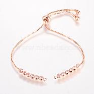 Brass Chain Bracelet Making, Box Chain Bracelets, Slider Bracelets Making, with Cubic Zirconia, Round, Real Rose Gold Plated, 9-1/2 inchx1/8 inch(240x1mm, Hole: 1mm)(MAK-P007-03-03RG)