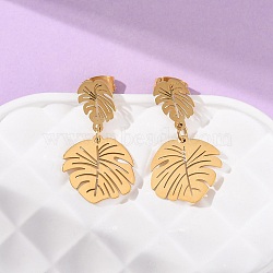 304 Stainless Steel Dangle Leaf Stud Earrings, Ion Plating(IP), Real 18K Gold Plated, 25.5x14mm(EJEW-F393-05G)