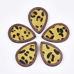 Eco-Friendly Cowhide Leather Pendants, with Dyed Wood, teardrop, with Leopard Print, Gold, 46x32.5x4mm, Hole: 1.2mm(FIND-S301-33C-05)
