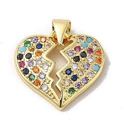 Rack Plating Brass Micro Pave Colorful Cubic Zirconia Pendants, Long-Lasting Plated, Lead Free & Cadmium Free, Broken Heart Charms, Real 18K Gold Plated, 16.3x17.5x3mm, Hole: 3.7x3.4mm(KK-K377-28G)